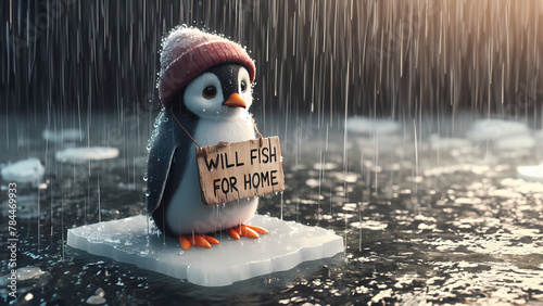 Cute but Sad pinguin standing alone in the rain on sheet of ice wearing a sign showing effects of global warming and climate crisis and melting glaciers with copy space