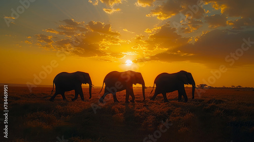   A group of elephants traverses a dry grassland, surrounded by a cloudy sky The sun sets in the distance © Alice