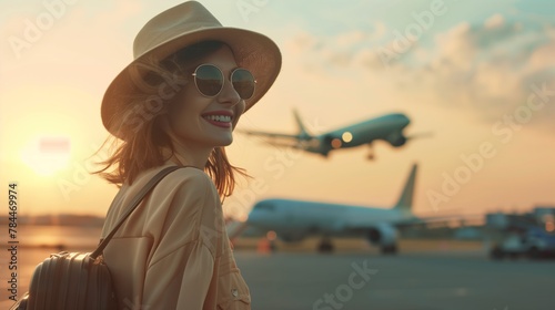 The summer sunrise makes the atmosphere of the airport even more magical as a female passenger in a hat while waiting for her flight strolls through the airport area with her backpack on her shoulder.