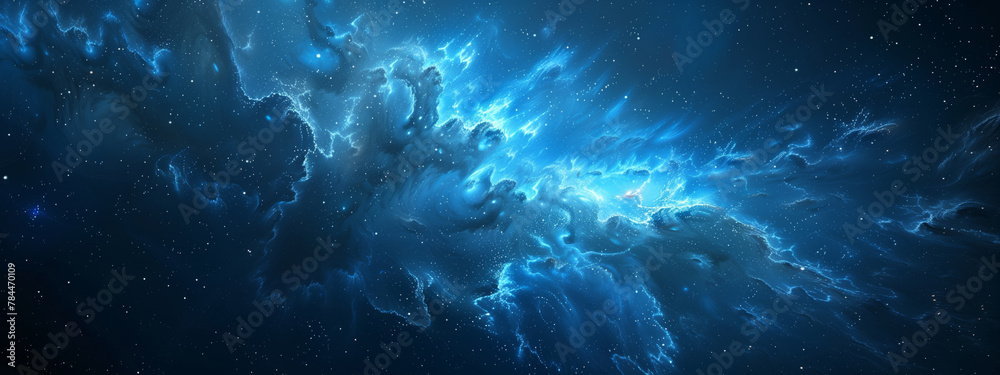 Fototapeta premium blue glowing nebula, shining bokeh star particle abstract background