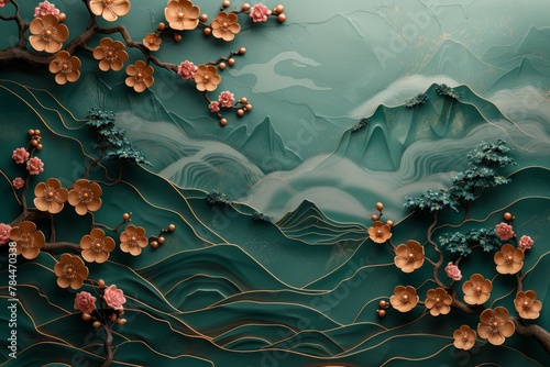 abstract backrgound, beautiful asian golden pattern on a dark green background  photo