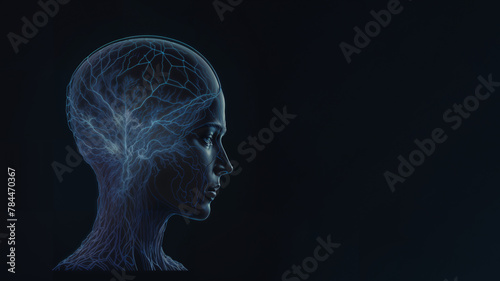 artificial brain of AI intelligent neural network connections in dark background with copy space