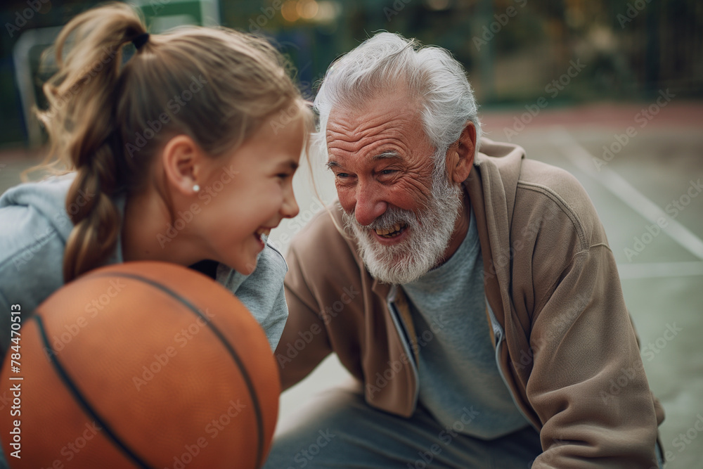 Grandfather and granddaughter laughing with basketball, happy family moments concept.