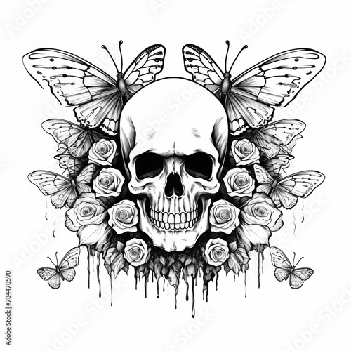 Black-eyed graphic image of human skull with butterflies on white background. For tattoo decoration. AI generated