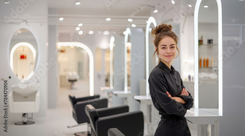smiling businesswoman with her arms crossed, running a professional hairdresser's shop, copy space