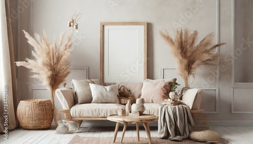 Elegance in Minimalism: Light and Airy Pastel Interior with Boho Flair - 3D Render Frame Mockup"