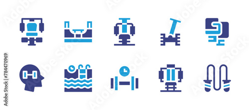 Exercise icon set. Duotone color. Vector illustration. Containing exercise, excercise, gym, boxinggloves, gymstation, jumpingrope, scooter, skatepark, chest, swimmingpool.
