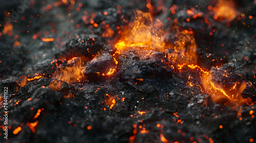 3D Rendering of Smoldering Flames and Fiery Embers on Textured Fireproof Materials in Cinematic Lighting