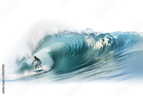 Fototapeta Naklejka Na Ścianę i Meble -  Mastering the Oceans Dance: A Surfer Conquering a Majestic Wave. On White or PNG Transparent Background.
