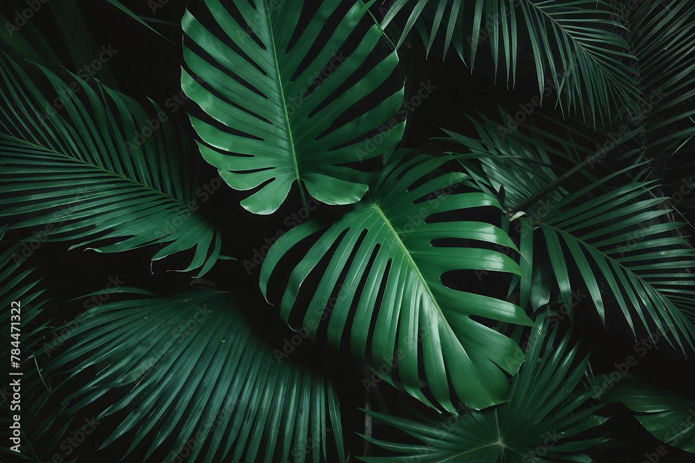 closeup nature view of green leaf and palms background. Flat lay, dark nature concept, tropical leaf closeup nature view of green leaf and palms background. Flat lay, dark nature concept, tropical leaf