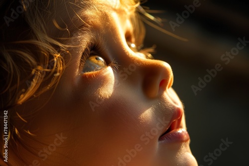 Close-up of a child's face bathed in golden sunlight, innocence and wonder. soft focus,defocus