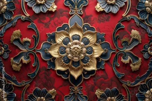 abstract backrgound, beautiful asian golden pattern on a dark red background 