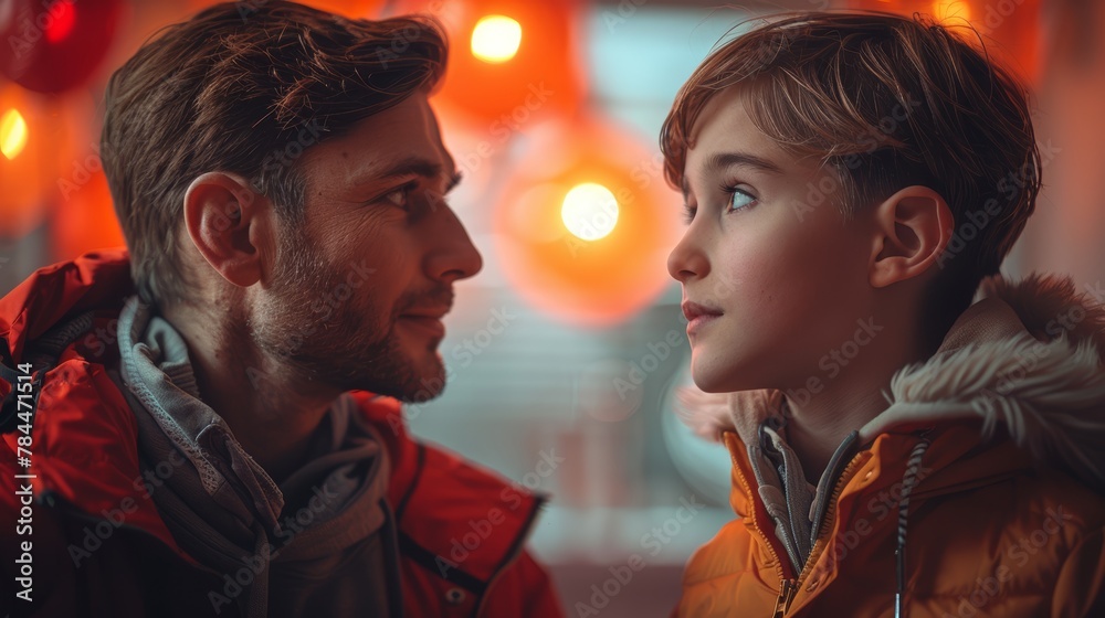 Portrait of handsome man and his little son looking at each other and smiling Portrait of handsome man and his little son looking at each other and smiling