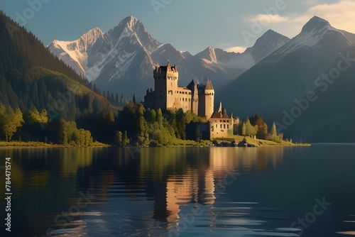 A majestic castle stands tall in the midst of the beautiful lake surrounded with mountains, basking in the warm rays of the sun -  Generative AI © Ghulam