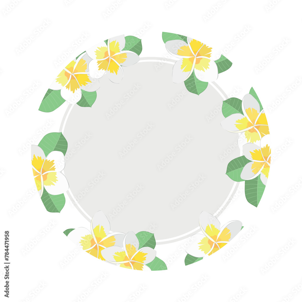 Wreath with plumeria flowers. Beige backdrop. Frame. Vector texture. Postcard. Invitation. Circle. Abstract. 