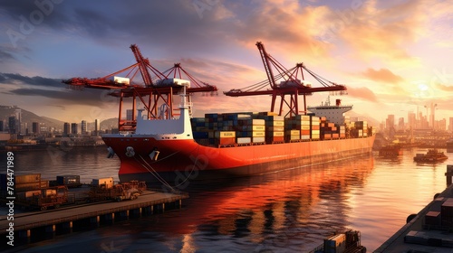 container ship docked at twilight