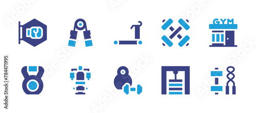 Gym icon set. Duotone color. Vector illustration. Containing kettlebell, dumbell, gym, handgrip, weightlifting, treadmill, signboard, dumbbell, multi, gymstation.