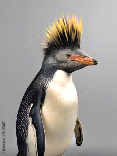 A little penguin with a funny hairstyle. Bird portrait.