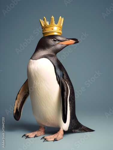 A funny penguin with the crown on his head. Bird portrait.