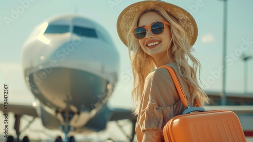 In joyful anticipation of the journey, the woman stands next to the passenger liner, smiling from ear to ear. Her heart is filled with great joy and anticipation of enjoying the vacation trip.