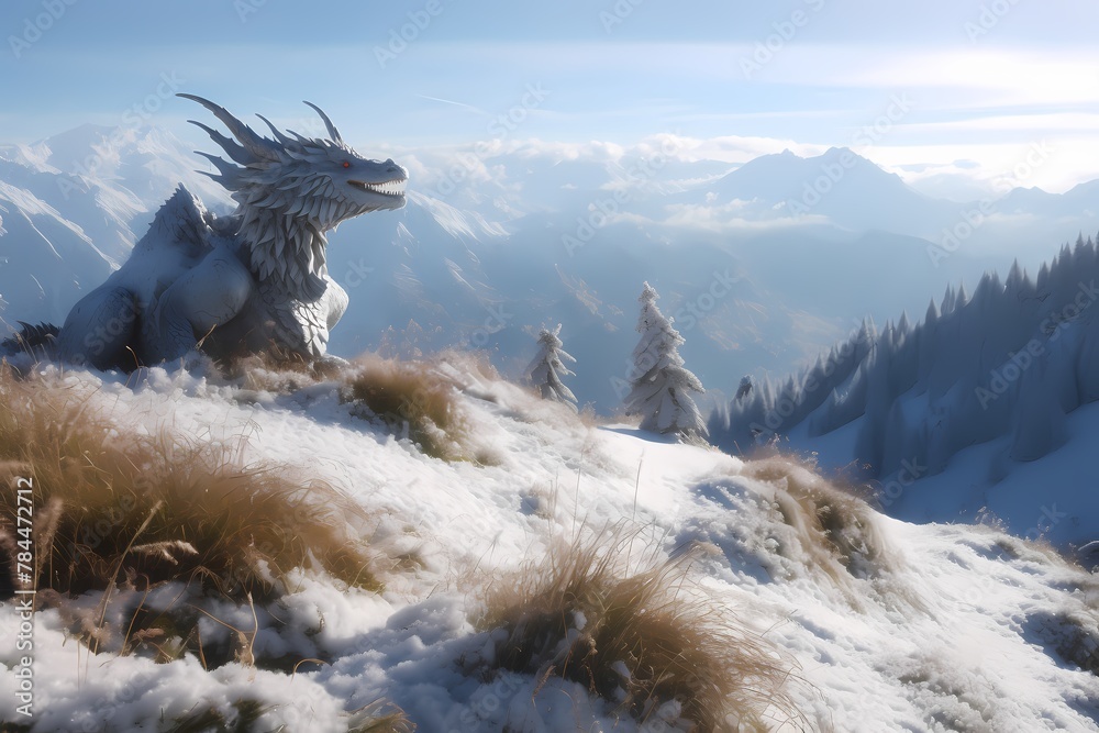 **A serene alpine meadow blanketed in snow, with a majestic dragon breathing frosty breath into the crisp mountain air - obrazy, fototapety, plakaty 