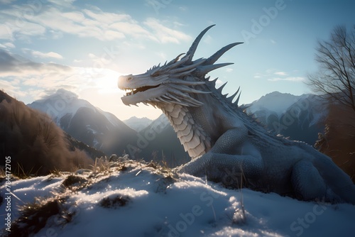 **A serene alpine meadow blanketed in snow, with a majestic dragon breathing frosty breath into the crisp mountain air © ALLAH KING OF WORLD