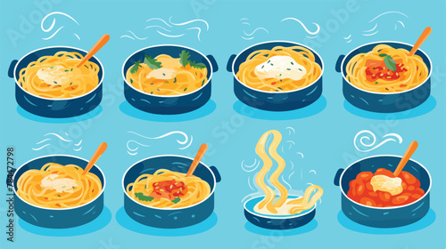 Pasta cooking process vector illustrations set. Rec