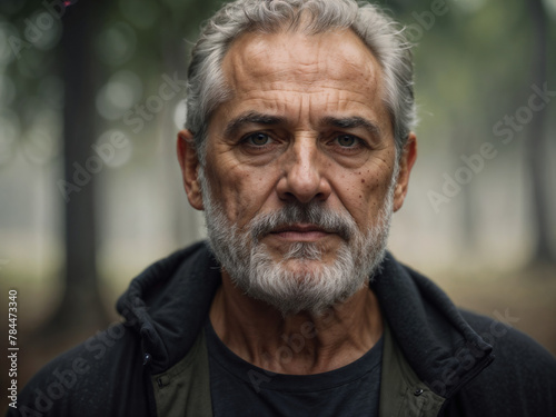 Outdoor closeup portrait of handsome Senior white caucasian man, grey hair and beard, head shot © Eetu