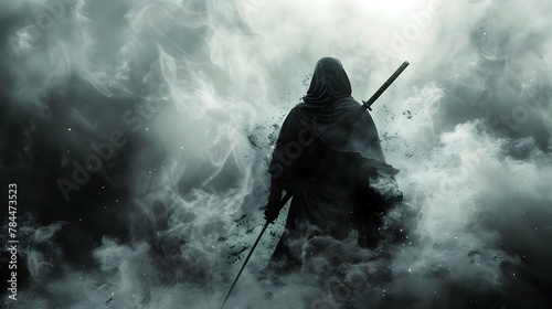 Cloaked Swordsman Trapped in the Realm of Death:A Haunting Spectacle of Ethereal and Mysterious Proportions