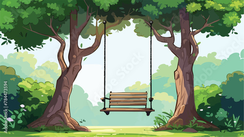 Peaceful garden swing hanging from sturdy oak tree