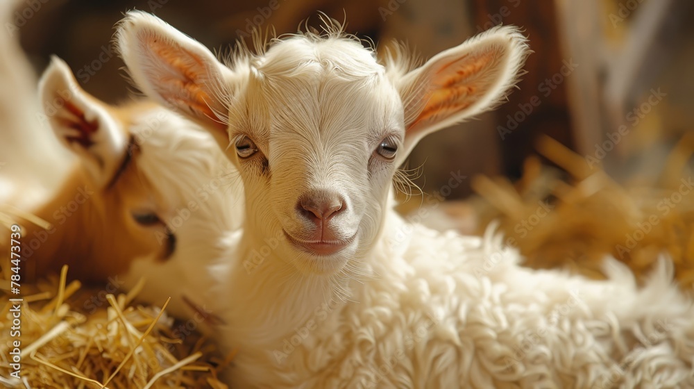 A tight shot of two baby lambs resting on a stack of hay One faces the camera, while the other gazes at it A tight shot of two baby lambs resting on a stack of hay One faces the camera, while the other gazes at it