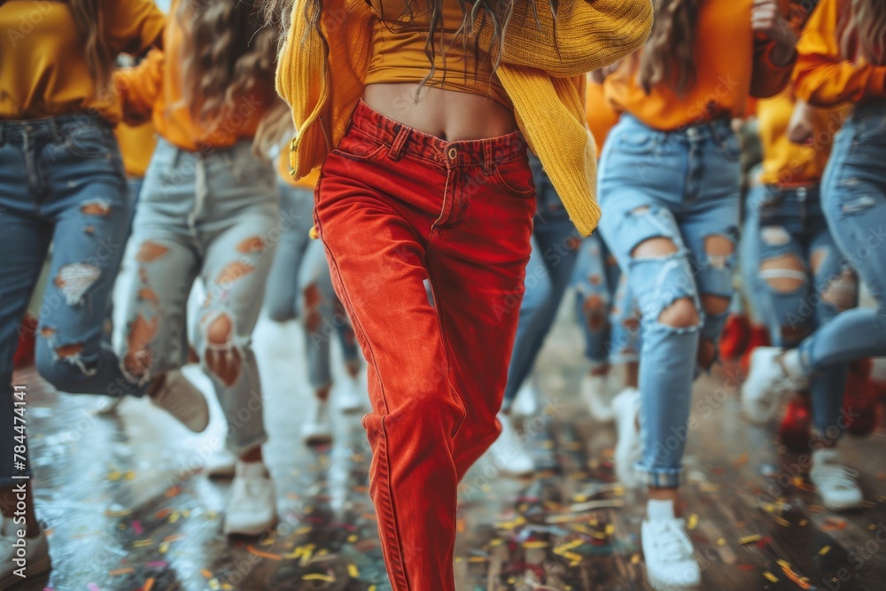 A dynamic image showcasing young people dancing energetically in colorful outfits, enjoying a lively party atmosphere A dynamic image showcasing young people dancing energetically in colorful outfits, enjoying a lively party atmosphere