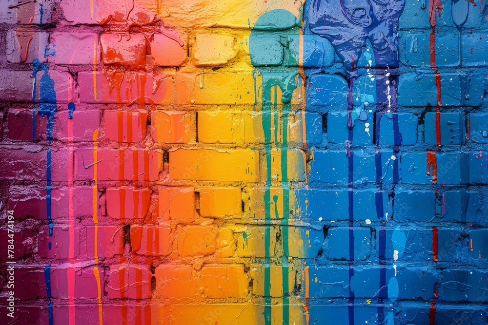 This image depicts a stunning abstract mural splashed in a spectrum of colors on a brick wall surface