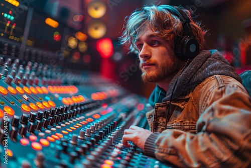 A focused young male sound engineer working on audio mixing console in a colorful music studio setting