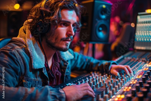 Intense male sound producer engaged in music production at a high-tech mixing board in a dynamic studio environment