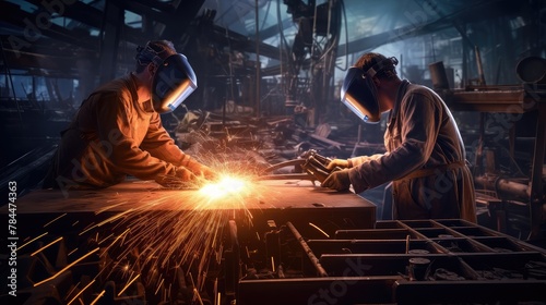 team welders in spark-filled factory