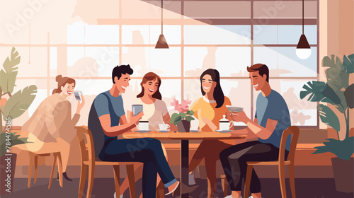People meeting in coffee shop. Waiter serving custo photo
