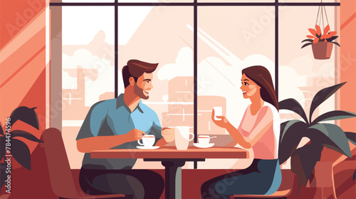 People meeting in coffee shop. Waiter serving custo photo