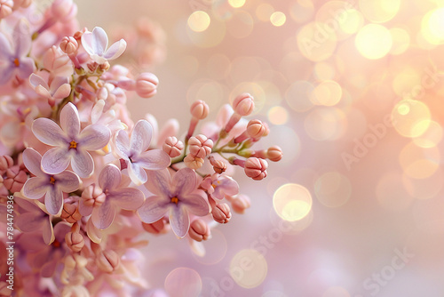 dreamy background, pale pink beige neutral color little lilac flowers and closed buds on blur floral background for wedding invitation or romantic wallpaper, macro