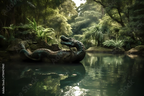 **A serene lake surrounded by lush greenery, with a graceful dragon drinking from its pristine waters