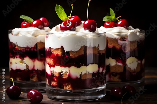 Dessert with fruit and cream in glasses on a dark background, layered trifle dessert