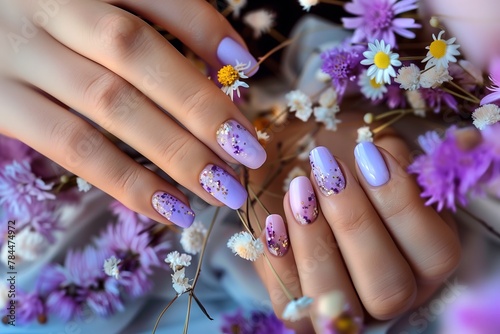 Womans purple manicured fingers holding purple flowers © Crazy Dark Queen