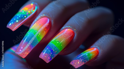 Glowinthedark nail polish with rainbow design for stylish manicures