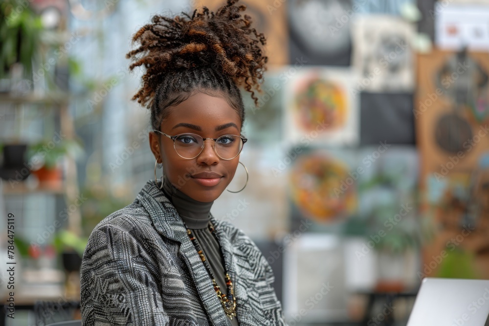 Fototapeta premium Confident African American woman with glasses in a modern artsy workspace