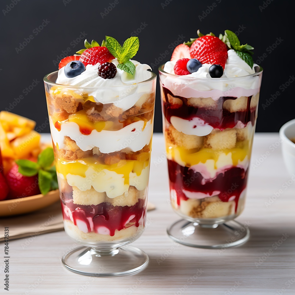 Dessert with fruit and cream in glasses on a dark background, layered trifle dessert Dessert with fruit and cream in glasses on a dark background, layered trifle dessert