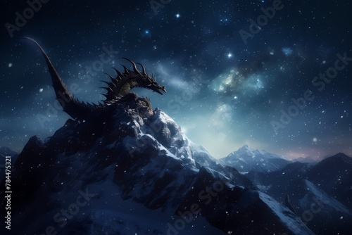   A starry night sky above a snow-capped mountain peak  with a majestic dragon soaring amidst the constellations