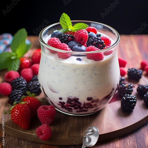 Homemade Greek yogurt with berries on wooden background