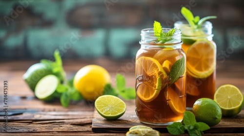 Two jars with lemon, lime and mint iced tea