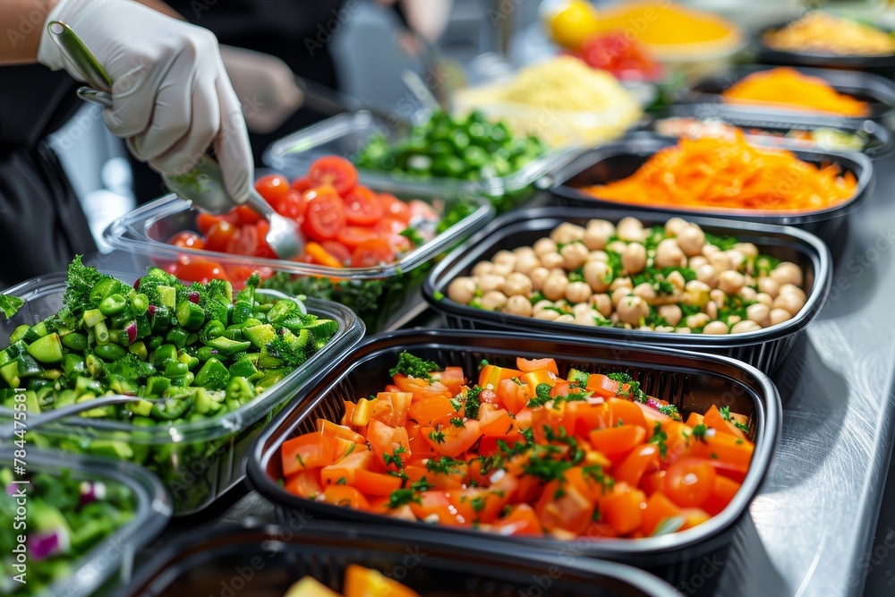 A close up of a salad bar with various fresh vegetables and a gloved hand holding a pair of tongs.