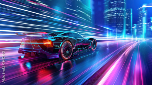 A fast moving futuristic car in the city, neon colors, strong motion blur